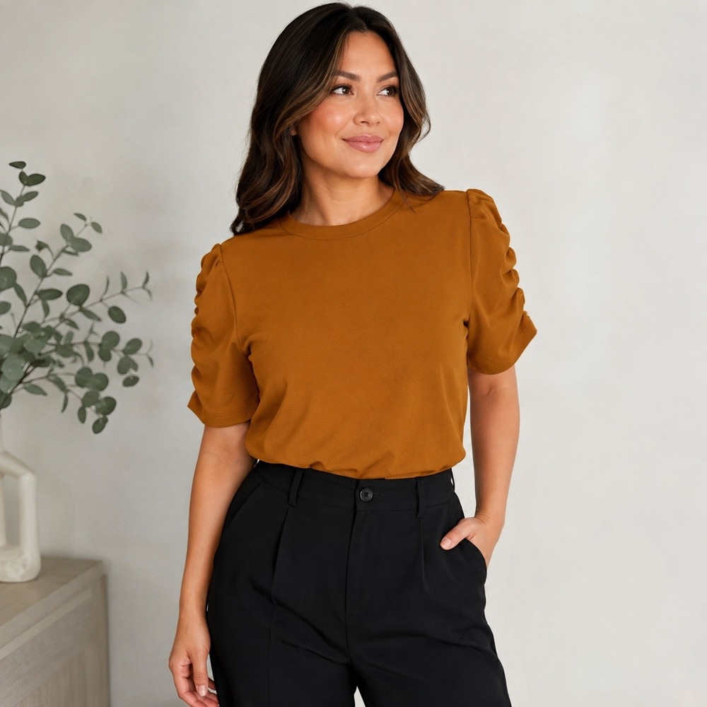Haute Monde XL Rust Ruched Puff Sleeve Blouse Top Short Sleeve